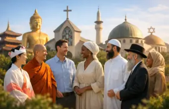 Interfaith group stands in harmony before Buddhist, Christian, Muslim, and Jewish symbols.