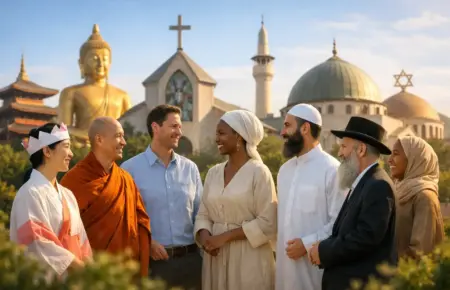 Interfaith group stands in harmony before Buddhist, Christian, Muslim, and Jewish symbols.
