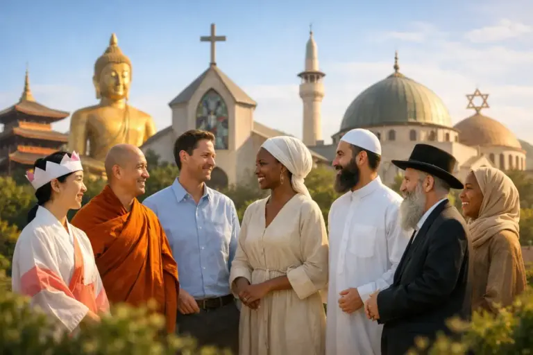 Interfaith group stands in harmony before Buddhist, Christian, Muslim, and Jewish symbols.
