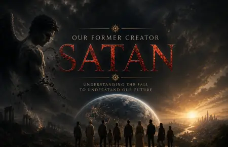 Dark SATAN poster with “Our Former Creator”, silhouetted figures, and a blazing horizon.
