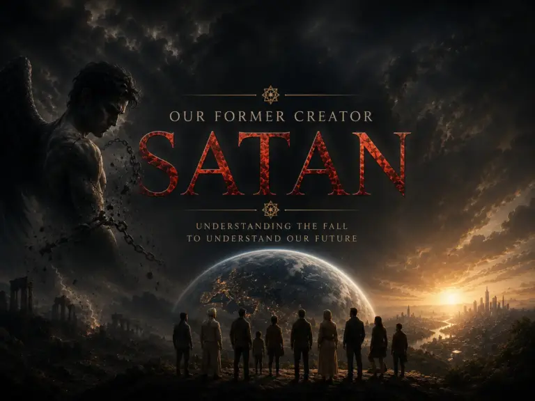 Dark SATAN poster with “Our Former Creator”, silhouetted figures, and a blazing horizon.