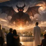 Horned demon descends over a lakeside dusk, watched by silhouetted onlookers.