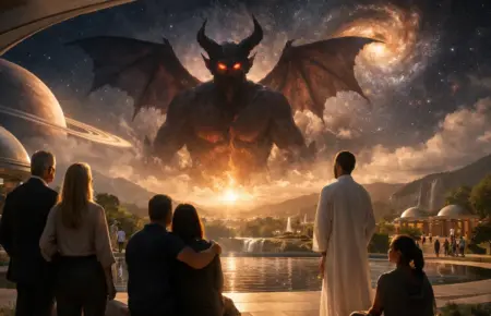 Horned demon descends over a lakeside dusk, watched by silhouetted onlookers.