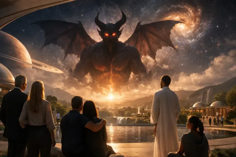 Horned demon descends over a lakeside dusk, watched by silhouetted onlookers.