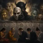 Dark ritual council beneath ominous masks, including Satan, debating faith, God and spirituality.