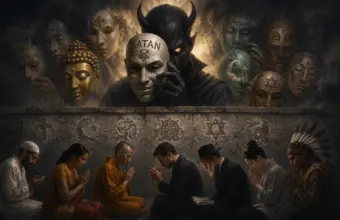 Un conseil rituel obscur, derrière des masques sinistres, dont celui de Satan, débattant de la foi, de Dieu et de la spiritualité.