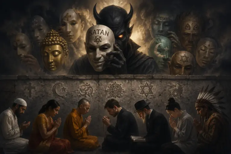 Dark ritual council beneath ominous masks, including Satan, debating faith, God and spirituality.