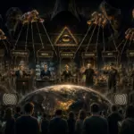 Secret societies and world control, with an all-seeing eye above a glowing globe.