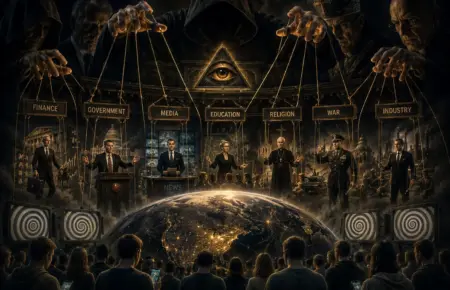 Secret societies and world control, with an all-seeing eye above a glowing globe.