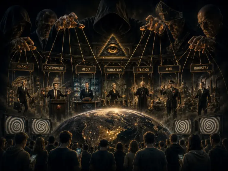 Secret societies and world control, with an all-seeing eye above a glowing globe.