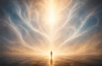 Lone figure beneath radiant spirit wings of light, evoking awe and transcendence.