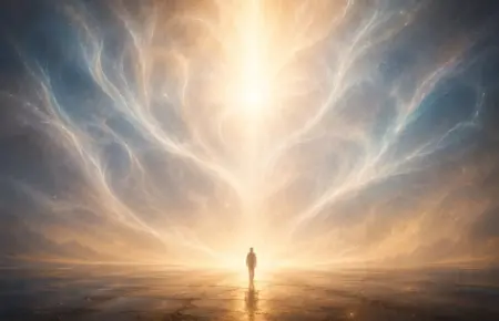 Lone figure beneath radiant spirit wings of light, evoking awe and transcendence.