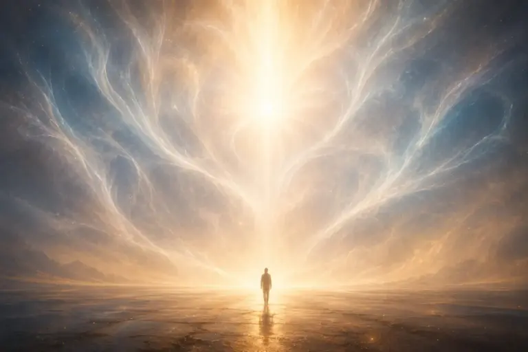 Lone figure beneath radiant spirit wings of light, evoking awe and transcendence.
