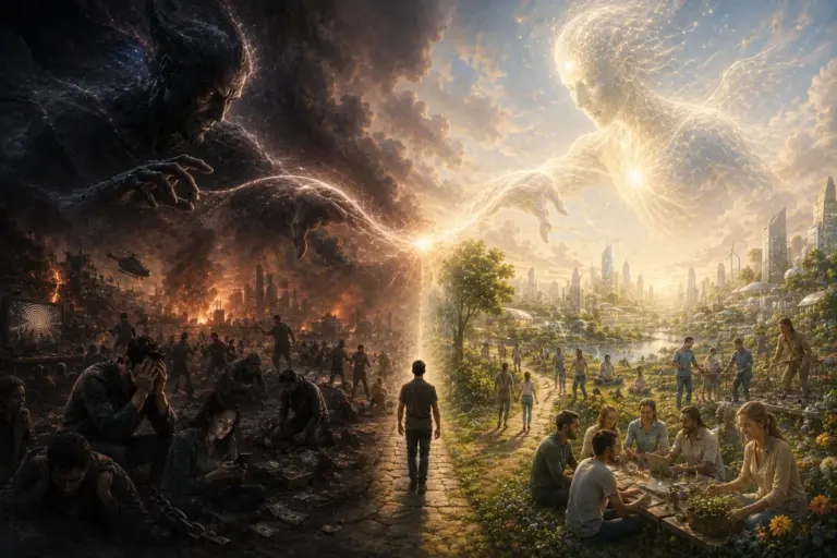 Lone figure journeys from fiery despair into peaceful hope and renewal.
