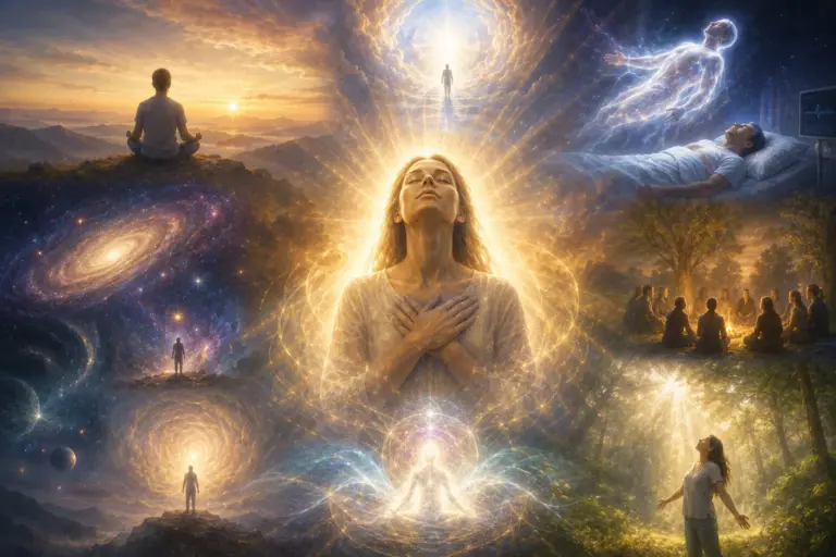 Cosmic spiritual awakening with golden meditator amid swirling celestial light.