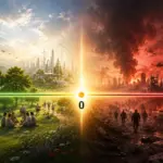 Split future: green hope versus red ruin, divided by a glowing choice line.