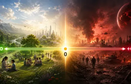 Split future: green hope versus red ruin, divided by a glowing choice line.