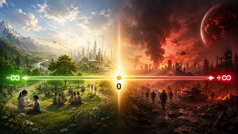 Split future: green hope versus red ruin, divided by a glowing choice line.