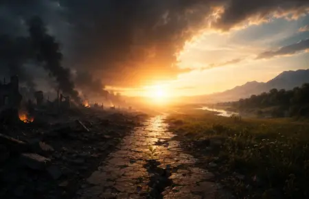 Golden sunrise over a reflective path, with mist, dark hills, and glowing clouds.