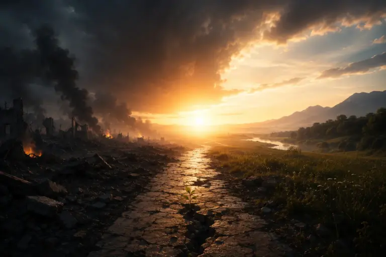 Golden sunrise over a reflective path, with mist, dark hills, and glowing clouds.