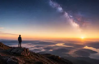 Lone hiker silhouetted on a sunset ridge above a misty horizon.