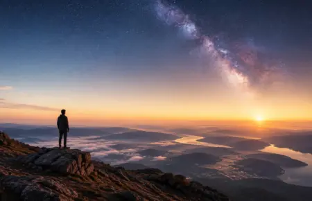 Lone hiker silhouetted on a sunset ridge above a misty horizon.