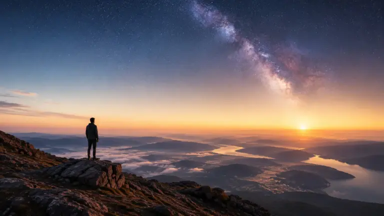 Lone hiker silhouetted on a sunset ridge above a misty horizon.