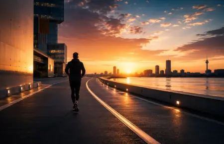 Silhouetted walker on a sunset waterfront path beside the city skyline.
