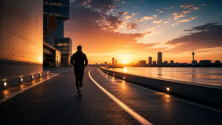 Silhouetted walker on a sunset waterfront path beside the city skyline.
