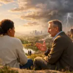 Two men converse on a hillside as a city burns, illustrating theodicy amid crisis.