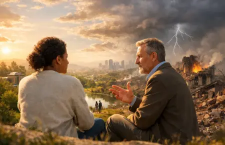 Two men converse on a hillside as a city burns, illustrating theodicy amid crisis.