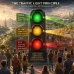 Traffic Light Principle poster showing ethical human behaviour guided by green, amber and red signals.