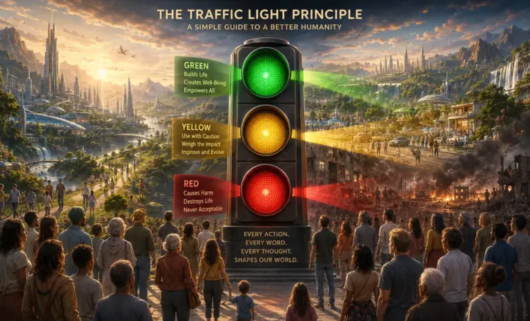 Traffic Light Principle poster showing ethical human behaviour guided by green, amber and red signals.