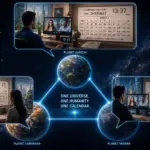 Glowing Earth connects global time zones in a universal calendar for a connected world.