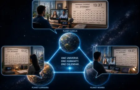 Glowing Earth connects global time zones in a universal calendar for a connected world.
