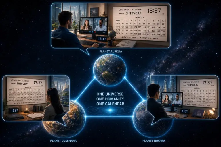Glowing Earth connects global time zones in a universal calendar for a connected world.