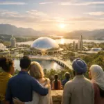 People overlooking a futuristic city at sunset, symbolising universal religion, unity and hope.