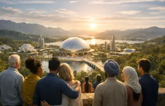 People overlooking a futuristic city at sunset, symbolising universal religion, unity and hope.