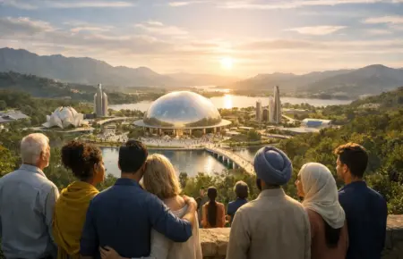 People overlooking a futuristic city at sunset, symbolising universal religion, unity and hope.