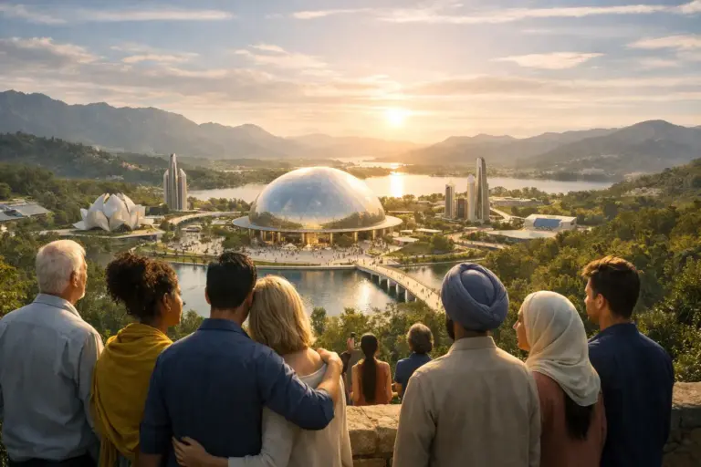 People overlooking a futuristic city at sunset, symbolising universal religion, unity and hope.