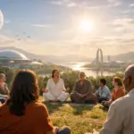 Universal spirituality gathering at sunset overlooking a futuristic city.