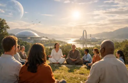 Universal spirituality gathering at sunset overlooking a futuristic city.