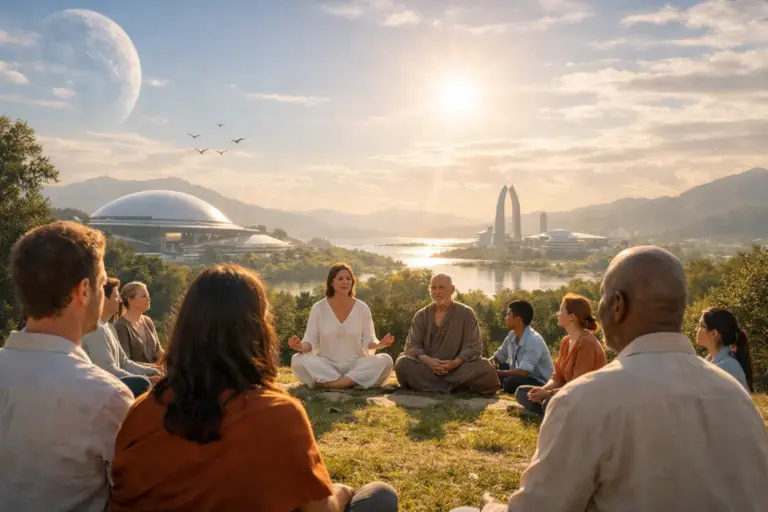 Universal spirituality gathering at sunset overlooking a futuristic city.