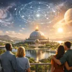 Cosmic dome temple by a lake at sunset, with people gazing at galaxies.