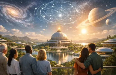 Cosmic dome temple by a lake at sunset, with people gazing at galaxies.