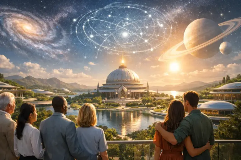 Cosmic dome temple by a lake at sunset, with people gazing at galaxies.