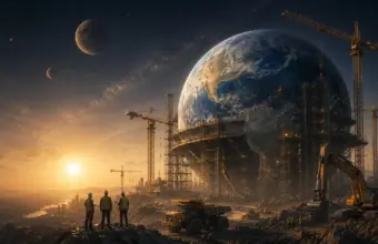 Colossal sci-fi world under twin moons, with silhouetted figures and industrial cranes at sunrise.