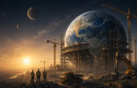 Colossal sci-fi world under twin moons, with silhouetted figures and industrial cranes at sunrise.