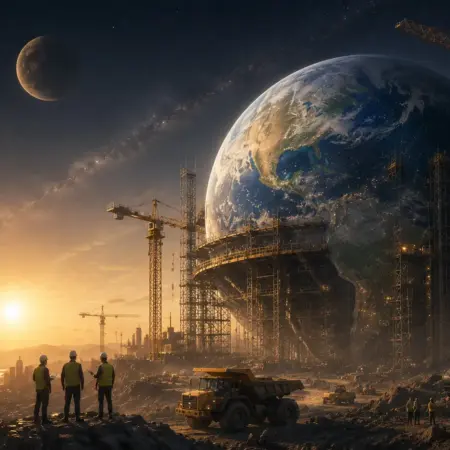 Colossal sci-fi world under twin moons, with silhouetted figures and industrial cranes at sunrise.