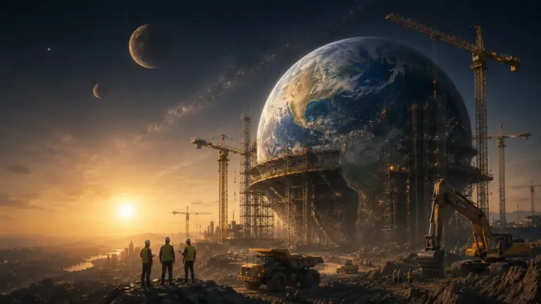 Colossal sci-fi world under twin moons, with silhouetted figures and industrial cranes at sunrise.